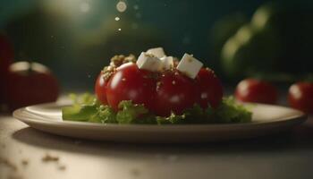 Fresco orgánico vegetariano ensalada con maduro Cereza Tomates y queso Mozzarella generado por ai foto