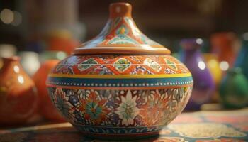 Vibrant terracotta vase showcases indigenous craft with ornate floral pattern generated by AI photo