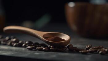 Organic coffee bean heap on rustic wooden table, close up shot generated by AI photo