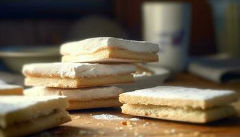 Indulgent homemade shortbread cookies stacked on rustic wooden plate generated by AI photo