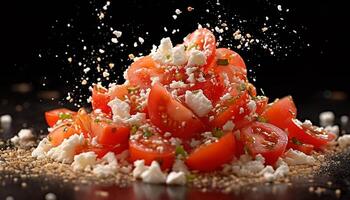 Fresh gourmet salad with tomato slice and mozzarella on plate generated by AI photo