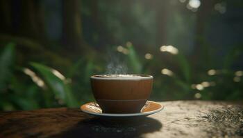 A frothy cappuccino on a wooden table in nature background generated by AI photo