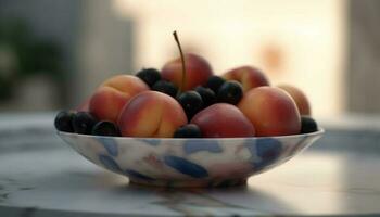 Organic fruit bowl, a refreshing summer snack with juicy berries generated by AI photo