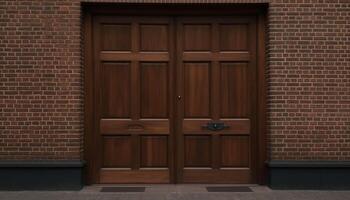 Closed wooden door with brick wall and metal handle generated by AI photo