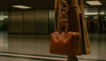 One businesswoman standing in lobby with suitcase and briefcase generated by AI photo