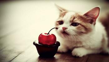 Cute kitten eating sweet fruit on table, looking at camera generated by AI photo