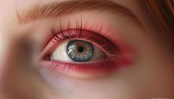 Caucasian woman close up portrait showcasing blue iris and eyelashes generated by AI photo