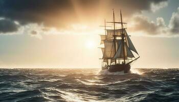 Sailing ship sails towards sunset on nautical adventure over water generated by AI photo