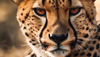 cerca arriba retrato de majestuoso africano leopardo curioso a cámara generado por ai foto