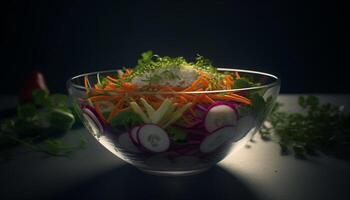 Fresh vegetarian salad with organic ingredients on multi colored crockery generated by AI photo