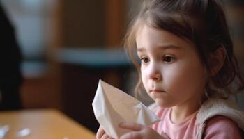 linda caucásico niña jugando con papel avión, sonriente con imaginación generado por ai foto