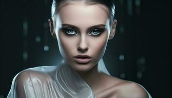 Beautiful young woman exudes sensuality in elegant fashion portrait generated by AI photo