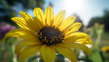 Vibrant yellow chamomile blossom in close up, with bee pollination generated by AI photo