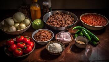 sano vegetariano comida con Fresco orgánico ingredientes y picante chile pimienta generado por ai foto