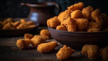 Rustic homemade meal Deep fried fish with crunchy coconut breading generated by AI photo