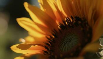 vibrante girasol florecer, cerca arriba con abeja en amarillo pétalo generado por ai foto