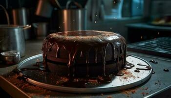 indulgente hecho en casa chocolate pastel, horneado a perfección con oscuro Formación de hielo generado por ai foto