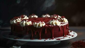 Indulgent chocolate cheesecake with fresh berry decoration on white plate generated by AI photo