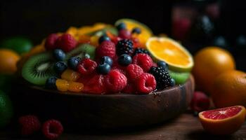 Juicy berry salad on rustic wood table, perfect summer refreshment generated by AI photo