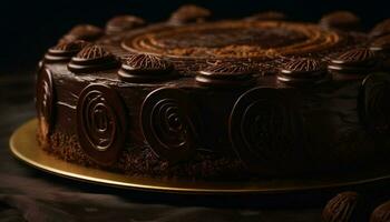 Indulgent chocolate dessert with dark icing on ornate cake tier generated by AI photo