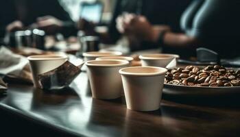 Coffee shop barista serves hot cappuccino to young adult indoors generated by AI photo