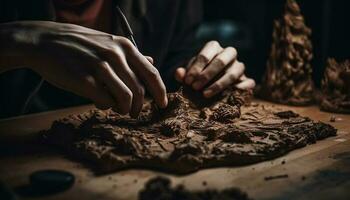 Homemade chocolate cookies, close up of human hand preparing dessert generated by AI photo