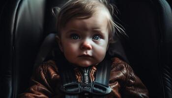 Cute Caucasian toddler sitting in car seat, looking at camera generated by AI photo