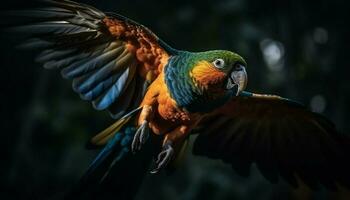 Vibrant gold and blue macaw perching on branch in rainforest generated by AI photo