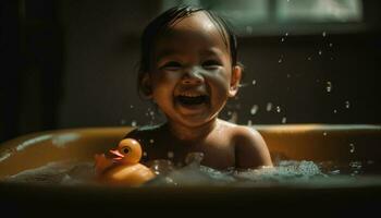 linda caucásico chico sonriente, disfrutando burbuja bañera y jugando con juguete generado por ai foto
