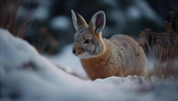 Fluffy hare sitting in snow, looking at camera with tranquility generated by AI photo