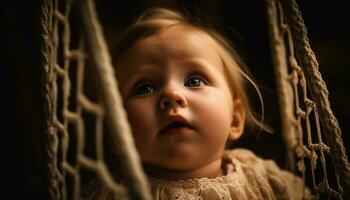 Innocent baby boy with blue eyes playing outdoors in nature generated by AI photo