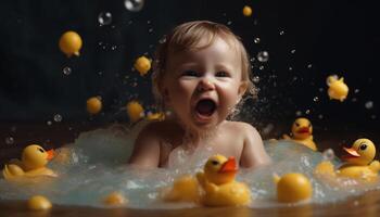 alegre niñito jugando en amarillo bañera con caucho Pato juguete generado por ai foto