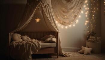 Modern bedroom with elegant decor, cozy bedding, and illuminated lamp generated by AI photo