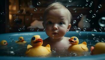 Smiling baby boy enjoys playful bubble bath in domestic bathroom generated by AI photo