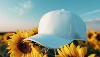 Sunflower field in rural meadow, men wear baseball caps outdoors generated by AI photo