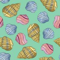 Decorative Vintage Seamless Pattern with Various Seashells. Seashells Vector Pattern on Blue Background. Pattern with Decorative Seashells for Design, Fabric, Printing, Scrapbooking