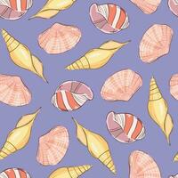 Lovely Vintage Seamless Pattern with Decorative Various Seashells. Seashells Pattern on Light Blue Background. Decorative Pattern for Design, Fabric, Printing, Scrapbooking vector