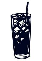 Summer Refreshing Drink with Ice. Cold Cola with Ice in Glass. Graphic Hand Drawn Vector Sketch