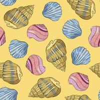 Decorative Vintage Seamless Pattern with Various Seashells. Seashells Pattern on Yellow Background. Summer Pattern with Seashells for Design, Fabric, Printing, Scrapbooking vector