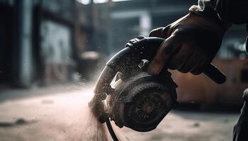 Caucasian carpenter saws metal with electric circular saw indoors generated by AI photo