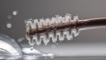limpio, Fresco agua gotas en cepillo de dientes para dental higiene generado por ai foto