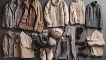 moderno hombres invierno colección elegante chaquetas, lana pantalones, cuero Zapatos generado por ai foto