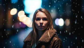 un sonriente joven mujer en invierno lluvia, elegancia y belleza generado por ai foto