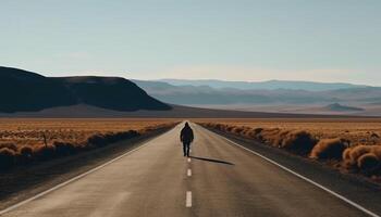 One person standing, gazing at the vanishing point in solitude generated by AI photo