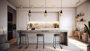 Elegant kitchen design with modern appliances, clean marble and wood flooring generated by AI photo