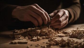 Craftsperson skillful hand shapes wood into a homemade puzzle design generated by AI photo