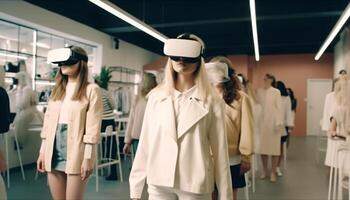 joven adulto mujer en pie en un Al por menor Tienda virtual realidad simulador generado por ai foto