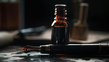 Antique fountain pen on wooden table with ink bottle nearby generated by AI photo