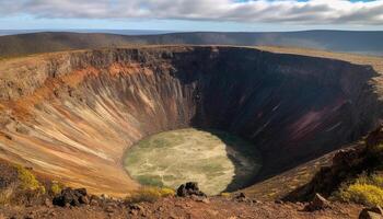 Panoramic view of erupting volcanic crater in extreme African terrain generated by AI photo