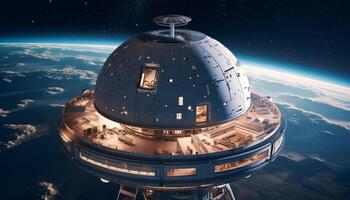 Futuristic spaceship orbits planet in illuminated star field adventure generated by AI photo